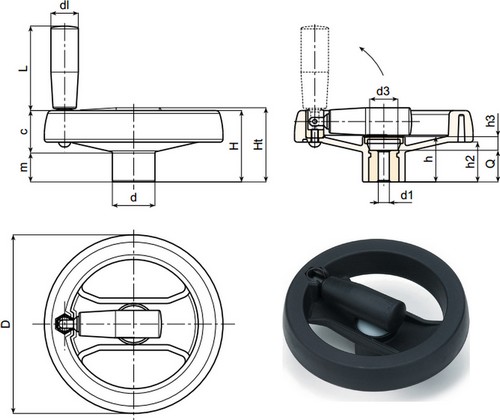 Two spoke solid control handwheel with central foldaway revolving handle